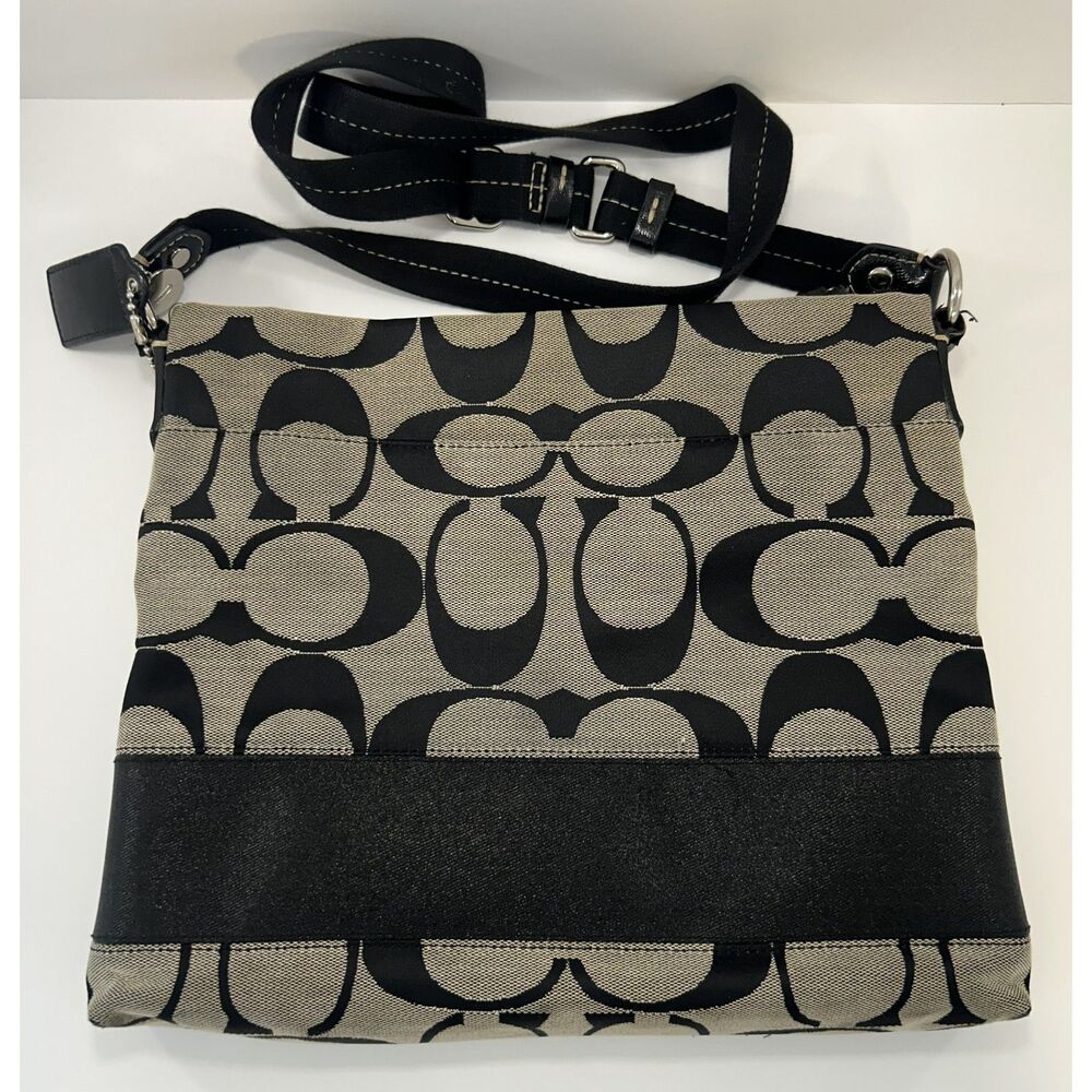 COACH Signature Stripe File Bag Crossbody Purse Black Grey Canvas F19220 - Picture 2 of 9
